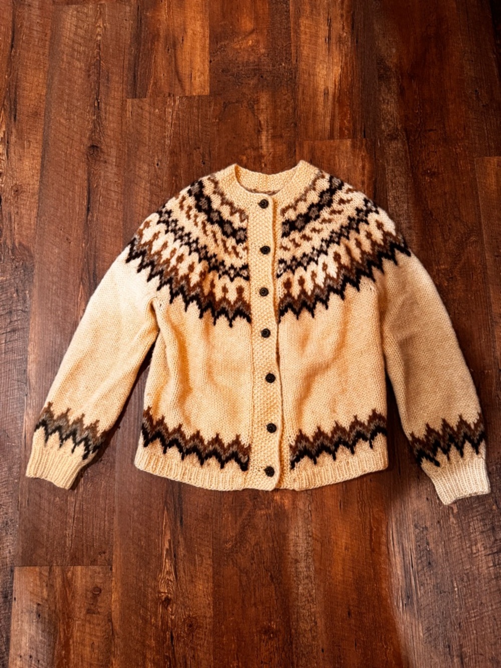Icelandic Handknit Cream Fair Isle Button-Up Wool Sweater Cardigan